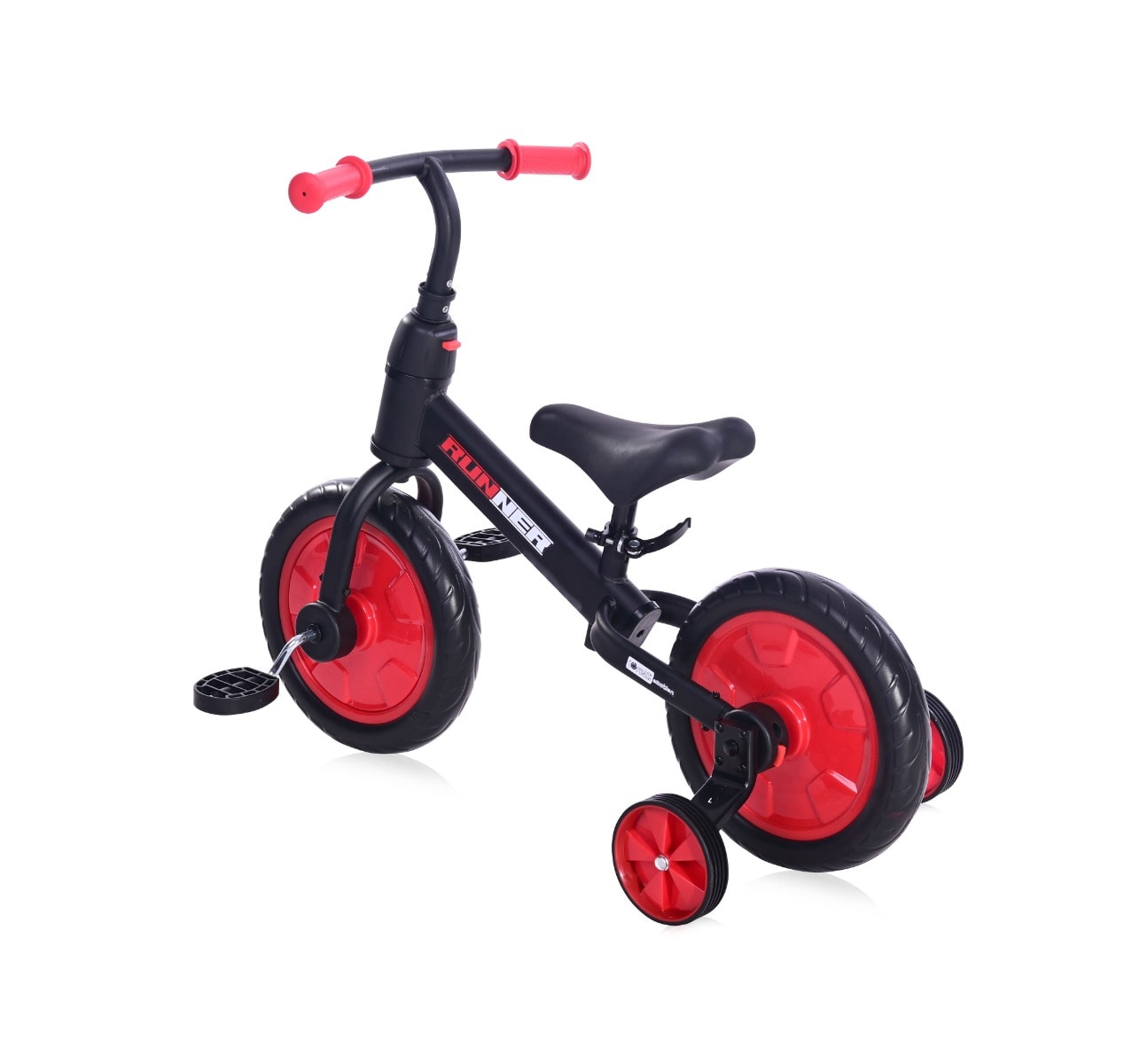 Bicicleta de echilibru, 2 in 1, cu pedale si roti auxiliare, Lorelli Runner, Black Red