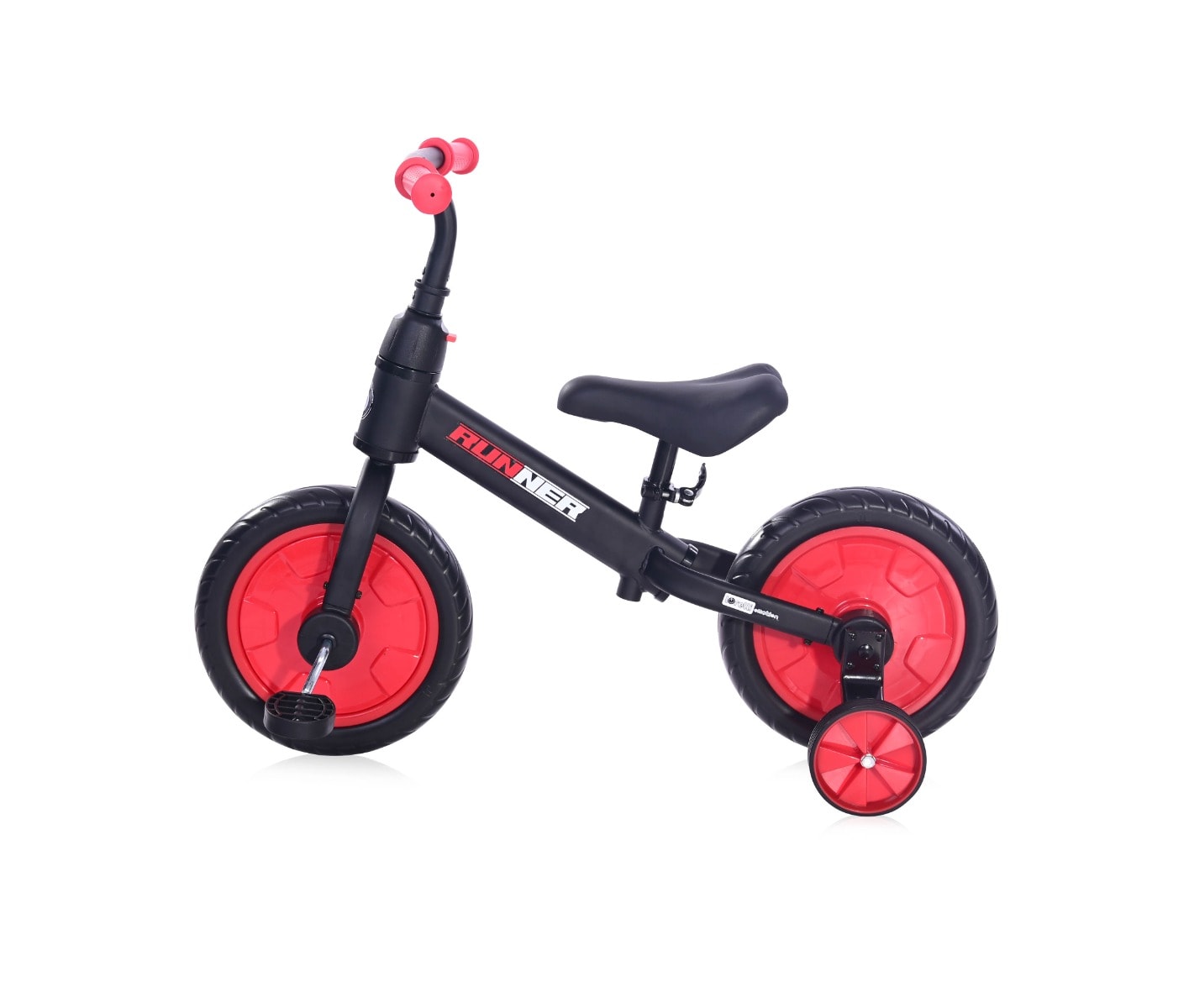 Bicicleta de echilibru, 2 in 1, cu pedale si roti auxiliare, Lorelli Runner, Black Red