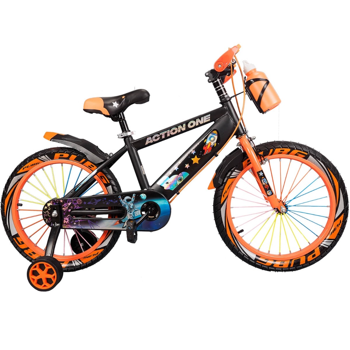 Bicicleta cu roti ajutatoare si bidon pentru apa Nova II, Action One, 18 inch, Portocaliu