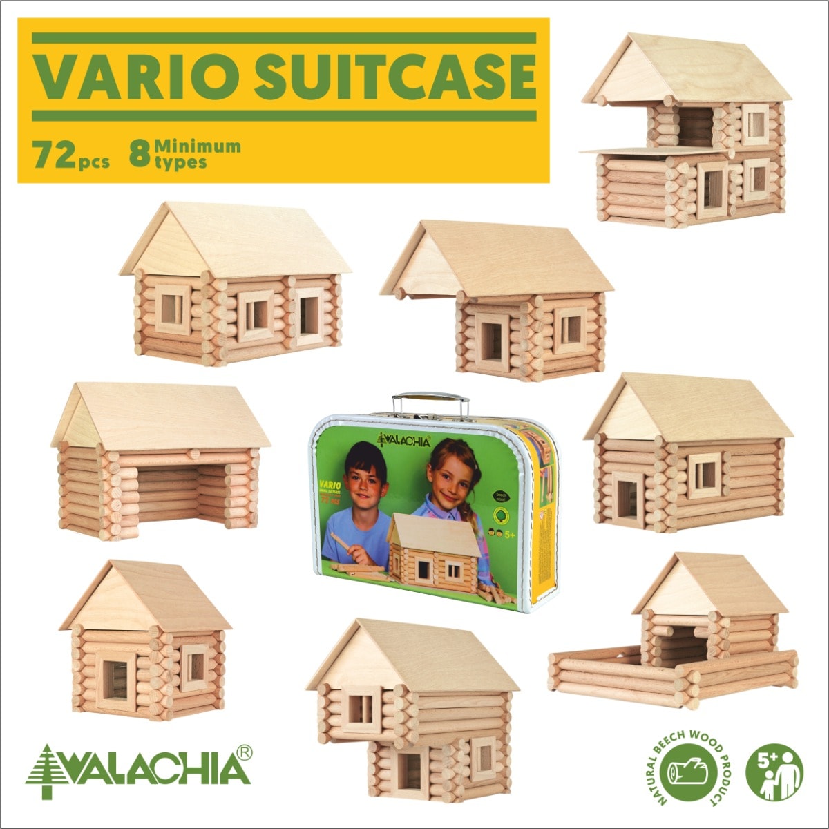 Set de constructie arhitectura, Walachia, Vario Suitcase, 72 piese din lemn