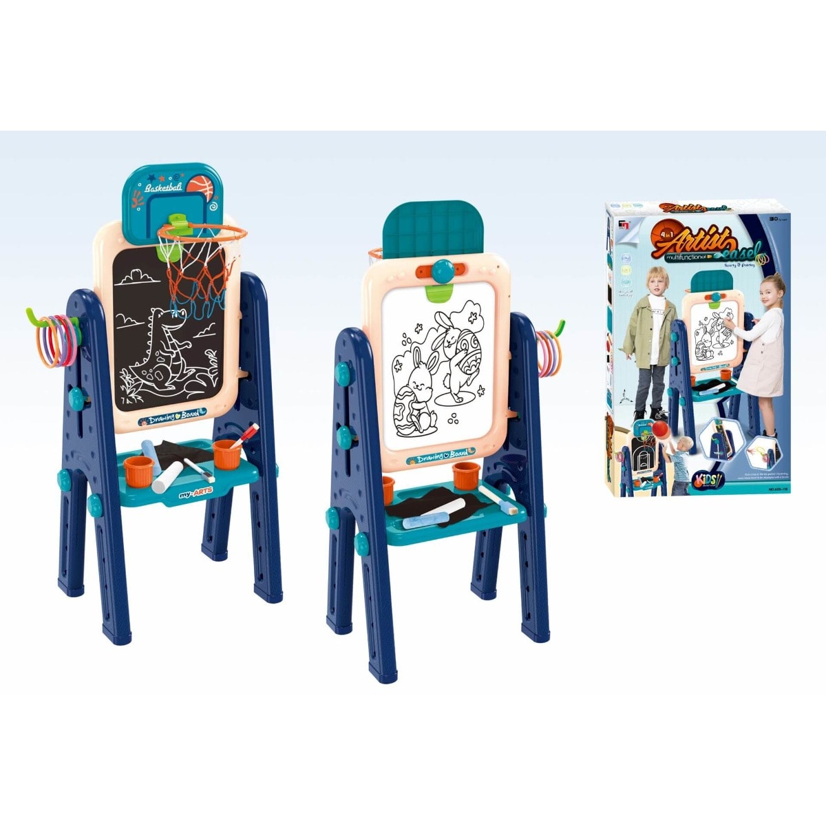 Tabla multifunctionala 4 in 1, cu 2 fete, pentru scris si desenat si jocuri, King Sport