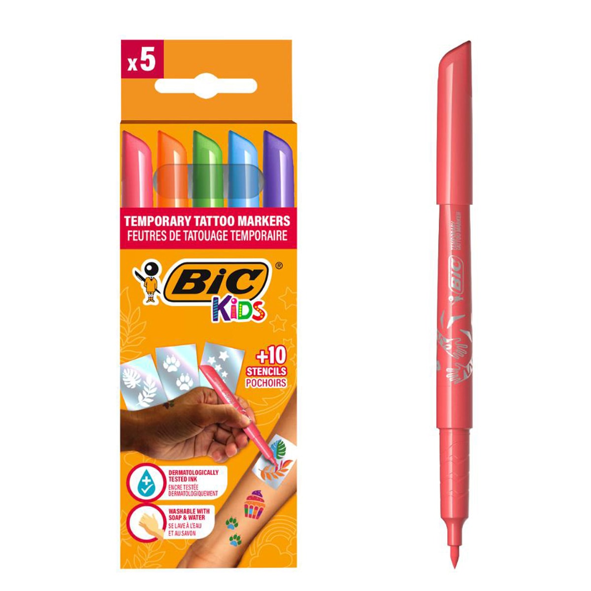Set 5 markere si 10 sabloane pentru tatuaje temporare, Bic Kids