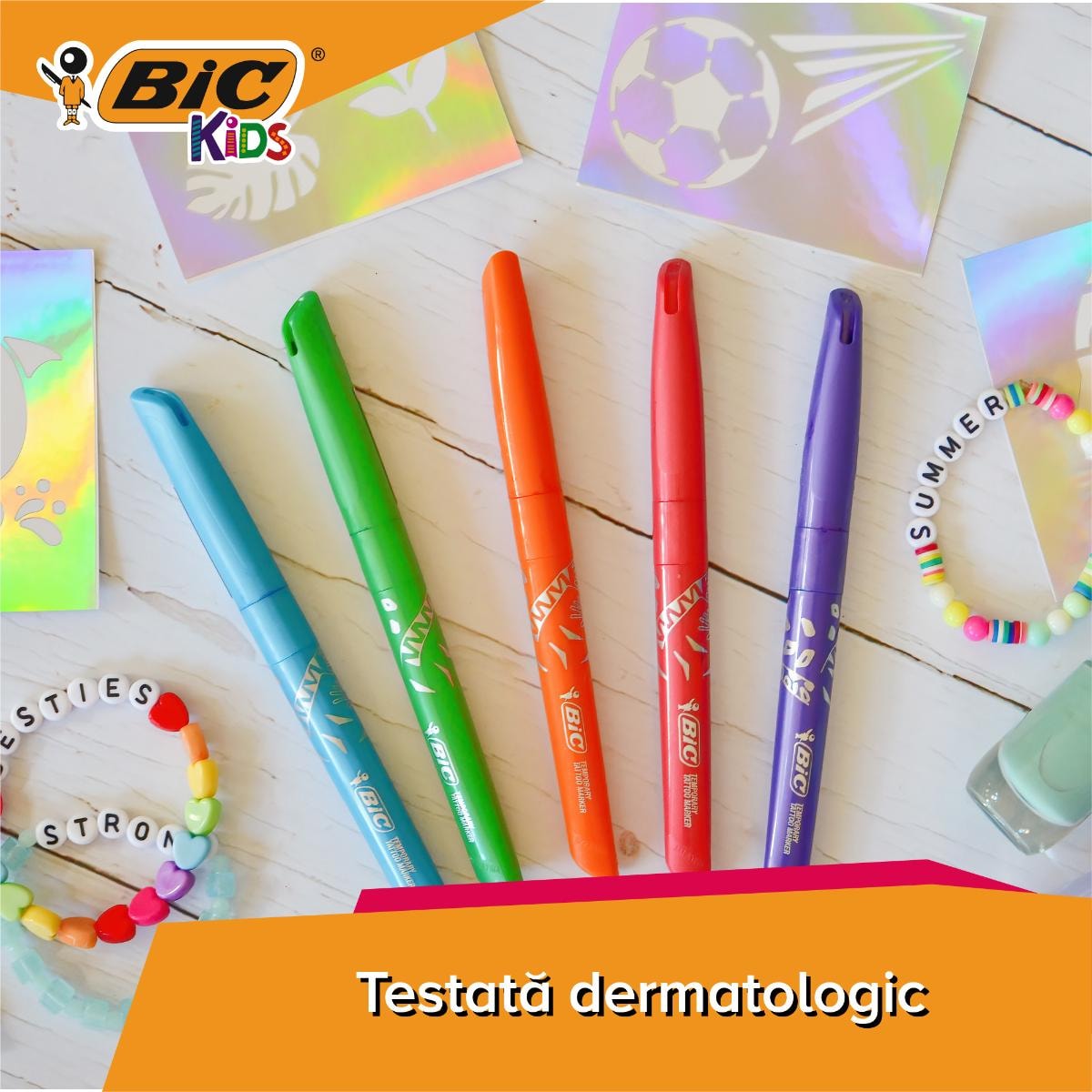 Set 5 markere si 10 sabloane pentru tatuaje temporare, Bic Kids